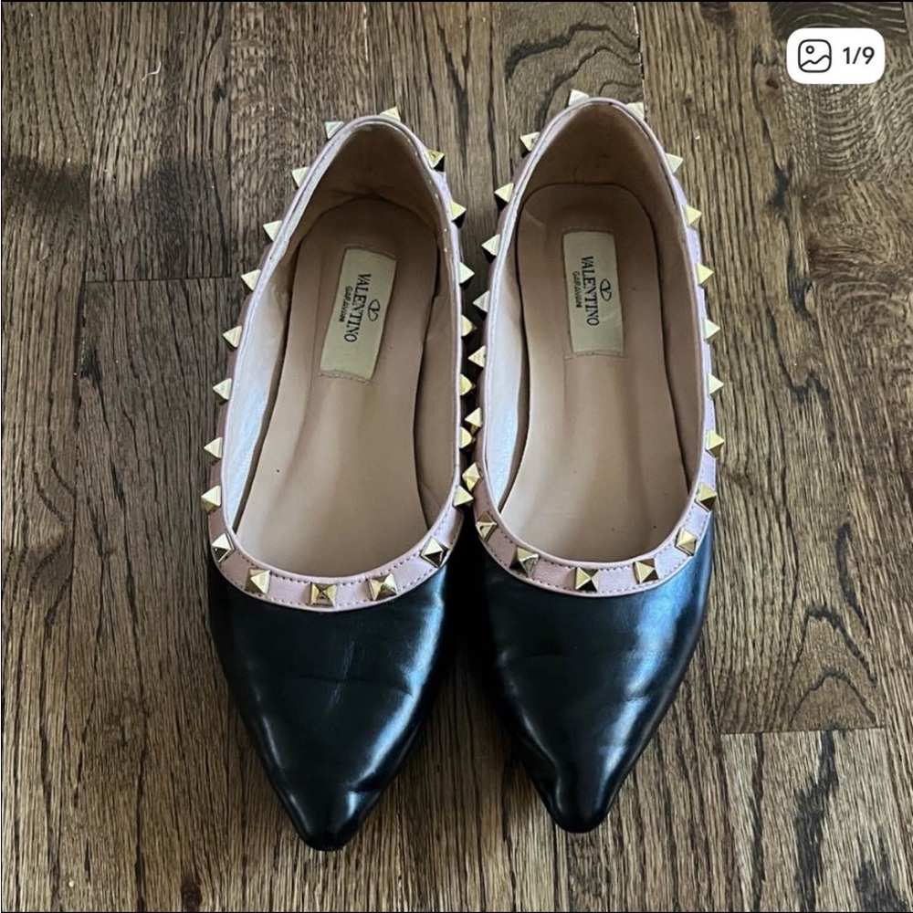 Valentino Black and Pink Flats with Gold Studs
